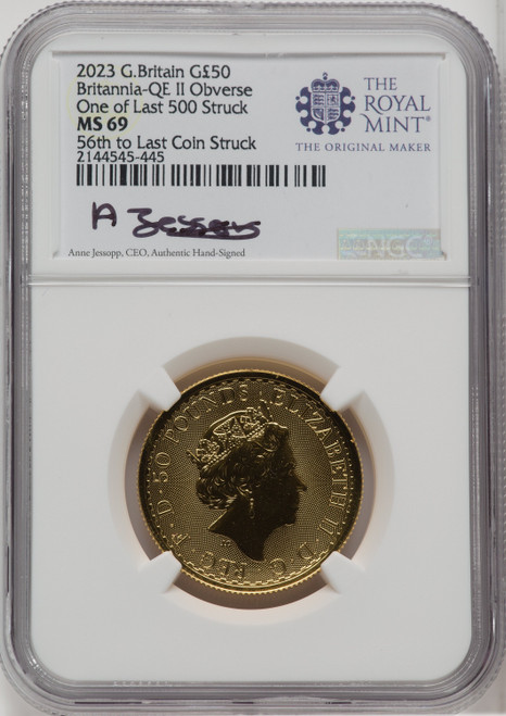 2023 G.B. G50 BRITANNIA-QE II OBVERSE 56TH TO LAST COIN STRUCK Royal Succession NGC MS69