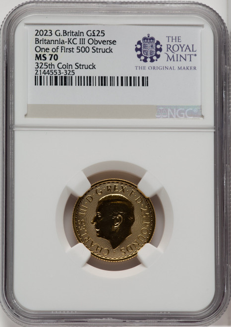 2023 G.B. G25 BRITANNIA KC III OBVERSE 325TH COIN STRUCK Royal Succession NGC MS70