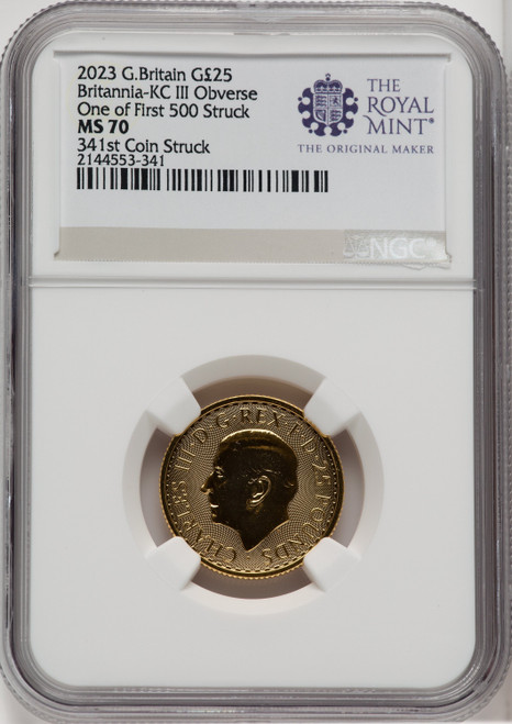 2023 G.B. G25 BRITANNIA KC III OBVERSE 341ST COIN STRUCK Royal Succession NGC MS70