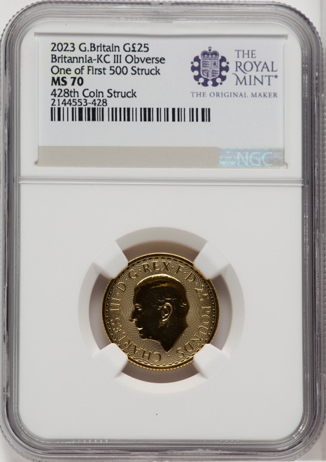 2023 G.B. G25 BRITANNIA KC III OBVERSE 428TH COIN STRUCK Royal Succession NGC MS70