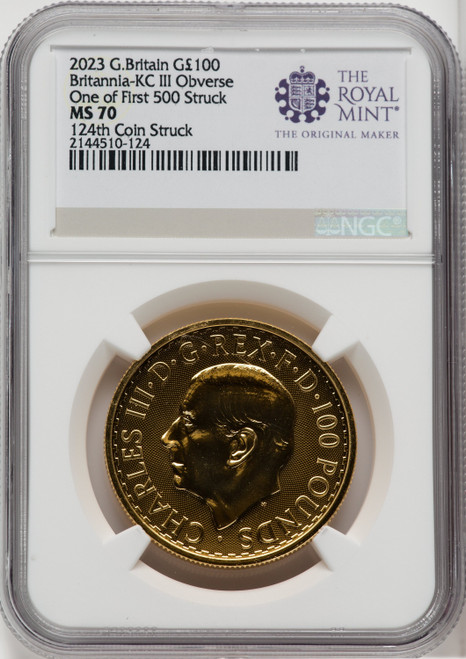 2023 G.B. G100 BRITANNIA-KC III OBVERSE 124TH COIN STRUCK Royal Succession NGC MS70