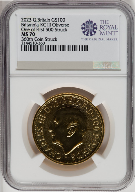 2023 G.B. G100 BRITANNIA-KC III OBVERSE 360TH COIN STRUCK Royal Succession NGC MS70