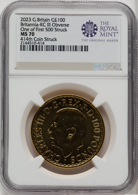 2023 G.B. G100 BRITANNIA-KC III OBVERSE 414TH COIN STRUCK. Royal Succession NGC MS70