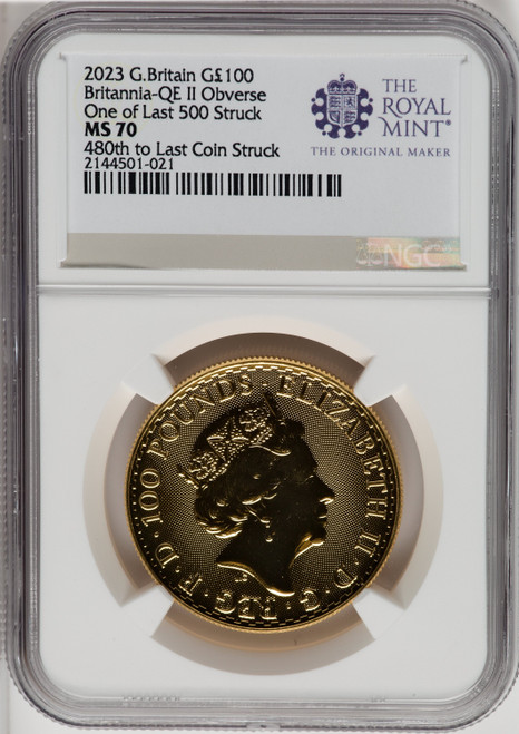 2023 G.B. G100 BRITANNIA-QE II OBVERSE 480TH TO LAST COIN STRUCK. Royal Succession NGC MS70