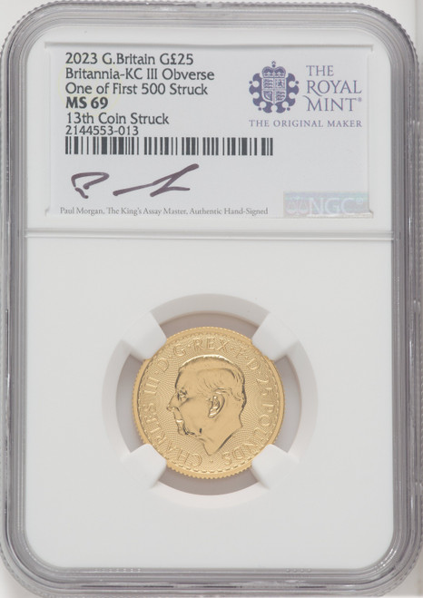 2023 G.B. G25 BRITANNIA-KC III OBVERSE 13TH COIN STRUCK. Royal Succession NGC MS69