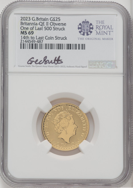 2023 G.B. G25 BRITANNIA-KC III OBVERSE 14TH TO LAST COIN STRUCK. Royal Succession NGC MS69