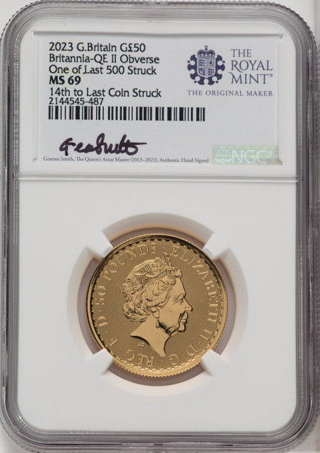 2023 G.B. G50 BRITANNIA-KC III OBVERSE 14TH TO LAST COIN STRUCK. Royal Succession NGC MS69