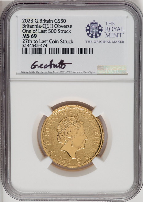 2023 G.B. G50 BRITANNIA-KC III OBVERSE 27TH TO LAST COIN STRUCK. Royal Succession NGC MS69