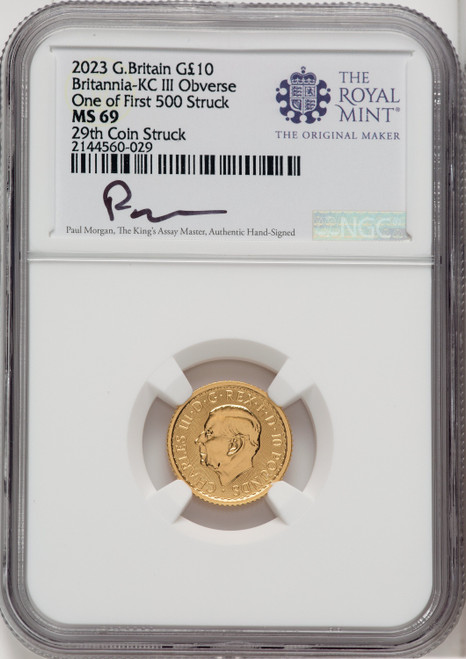 2023 G.B. G10 BRITANNIA-KC III OBVERSE 29TH COIN STRUCK Royal Succession NGC MS69