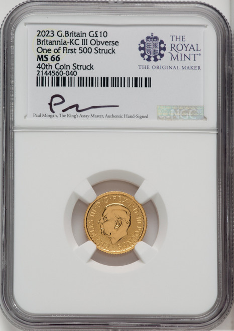 2023 G.B. G10 BRITANNIA-KC III OBVERSE 40TH COIN STRUCK Royal Succession NGC MS66