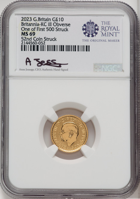 2023 G.B. G10 BRITANNIA-KC III OBVERSE 52ND COIN STRUCK Royal Succession NGC MS69