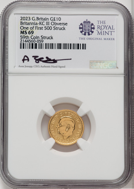 2023 G.B. G10 BRITANNIA-KC III OBVERSE 59TH COIN STRUCK Royal Succession NGC MS69