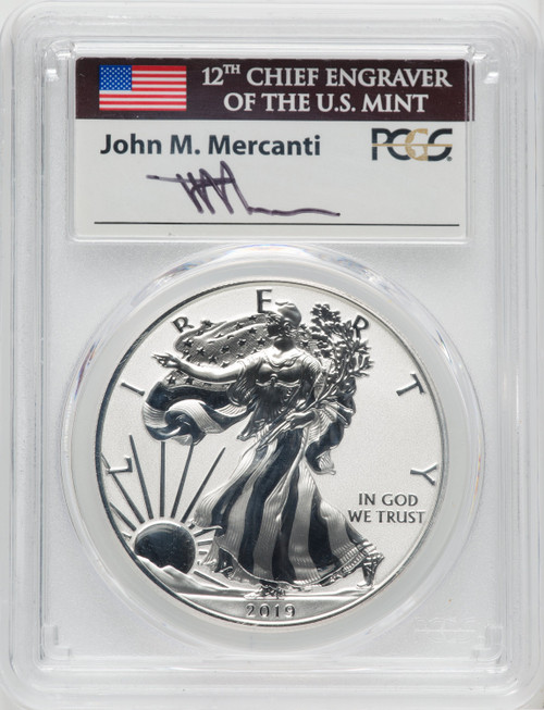 2019-S S$1 Silver Eagle Enhanced Reverse Proof FS Mercanti Flag PCGS PR70