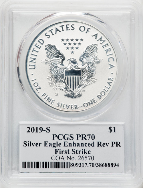 2019-S S$1 Silver Eagle Enhanced Reverse Proof FS Cleveland Blue Eagle PCGS PR70