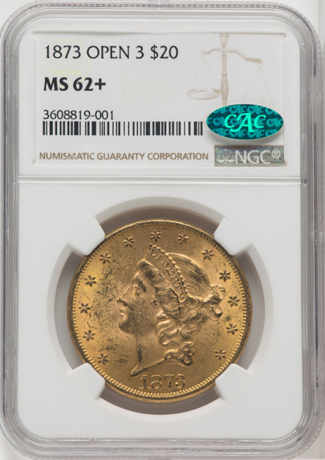 1873 $20 OPEN 3 CAC Liberty Double Eagle NGC MS62+