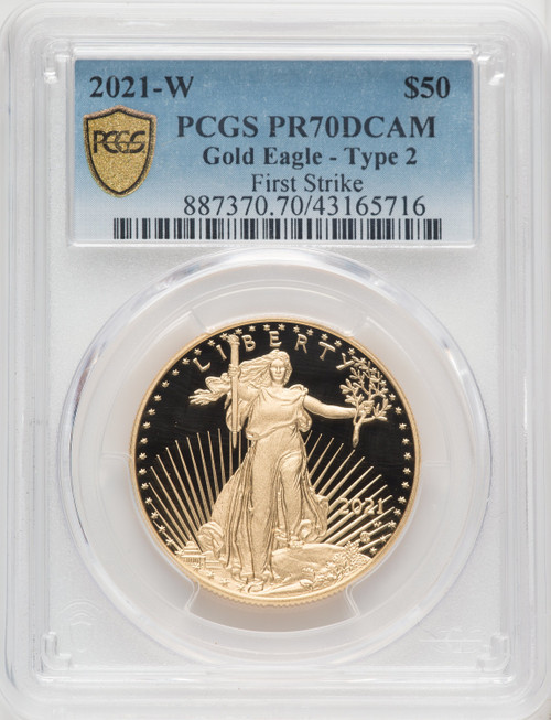 2021-W G$50 One Ounce Gold Eagle Type Two First Strike Brown Label PCGS PR70
