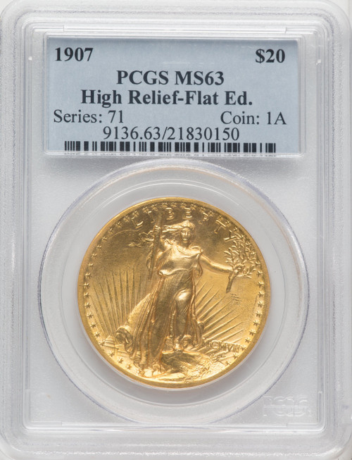 1907 $20 Flat Rim High Relief Double Eagle PCGS MS63