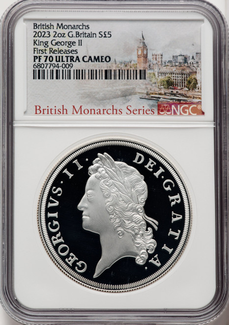 Charles III silver Proof “King George II” 5 Pounds (2 oz) 2023 PR70 Ultra Cameo NGC World Coins NGC MS70