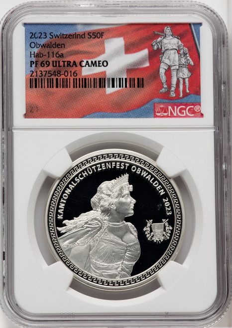 Confederation silver Proof  Obwalden Shooting Festival  50 Francs 2023 PR69 Ultra Cameo NGC. World Coins NGC MS69