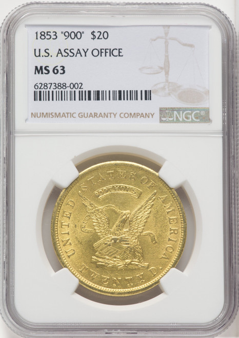 1853 $20 Assay Office 900 Thous. Territorial Gold NGC MS63