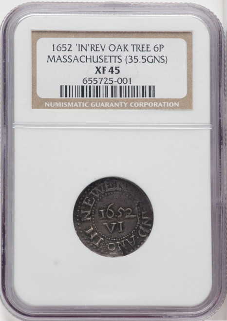 1652 6PENCE Oak Tree IN on Reverse Colonials NGC XF45