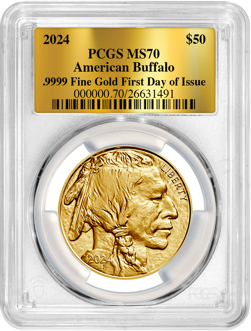 2024 $50 One Ounce Gold Buffalo FDI Gold Foil Label PCGS MS70