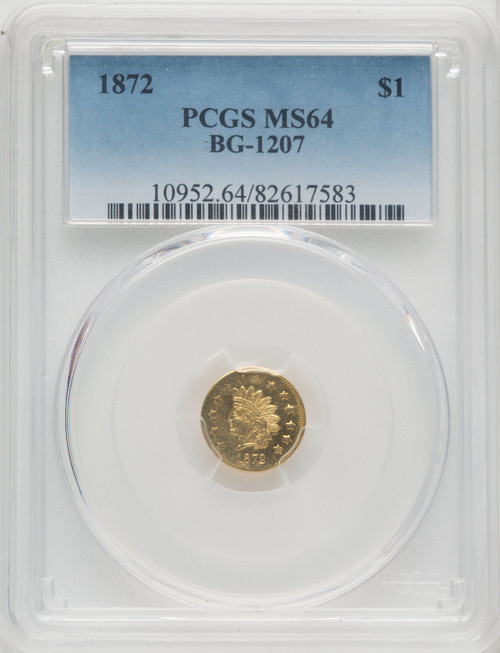 1872 Indian Round 1 Dollar BG-1207 R.4 California Fractional Gold PCGS MS64