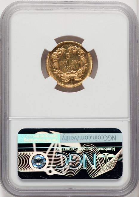 1874 $3 PL Three Dollar Gold Pieces NGC MS61