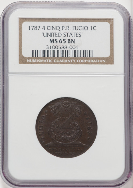1787 Fugio Cent UNITED STATES Cinquefoils BN Federal Contract Coinage NGC MS65