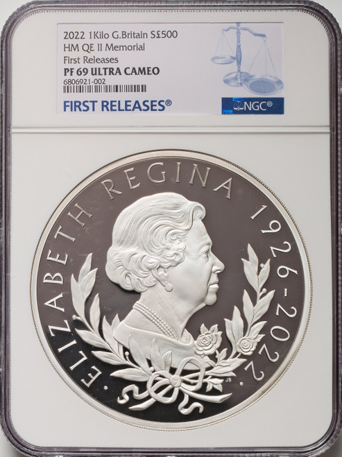 Charles III silver Proof “Queen Elizabeth II Memorial” 500 Pounds (1 Kilo) 2022 PR69 Ultra Cameo NGC World Coins NGC MS69