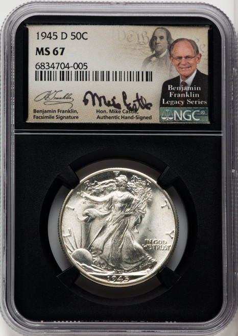 1945-D 50C Mike Castle Blk Core Franklin Series Walking Liberty Half Dollar NGC MS67