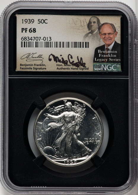 1939 50C Mike Castle Blk Core Franklin Series Proof Walking Liberty Half Dollar NGC PR68