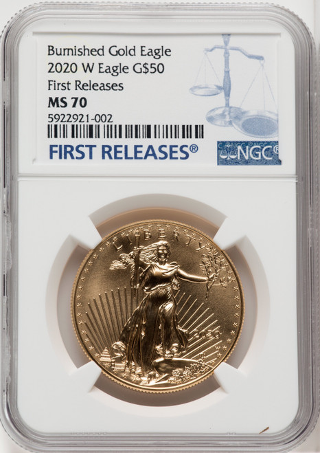 2020-W $50 One Ounce Gold Eagle Burnished First Strike FR Blue NGC MS70