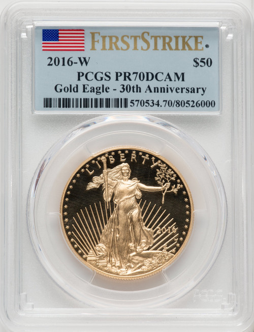 2016-W $50 One-Ounce Gold Eagle 30th Anniversary First Strike Blue Gradient PCGS PR70