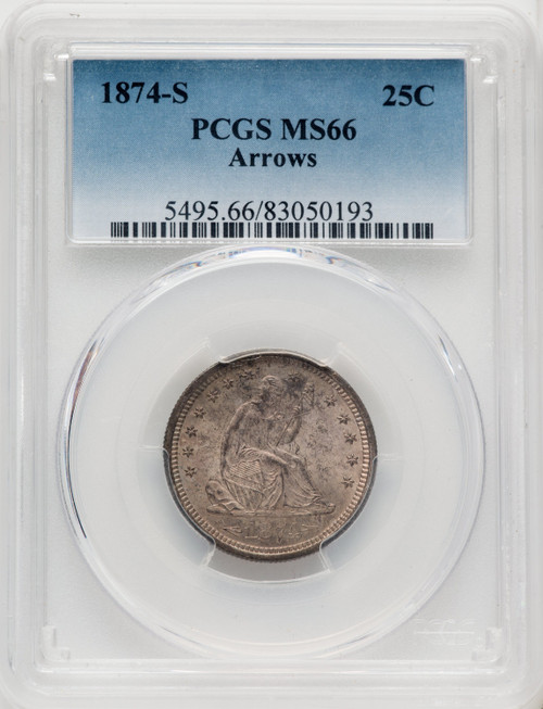 1874-S 25C ARROWS Seated Quarter PCGS MS66