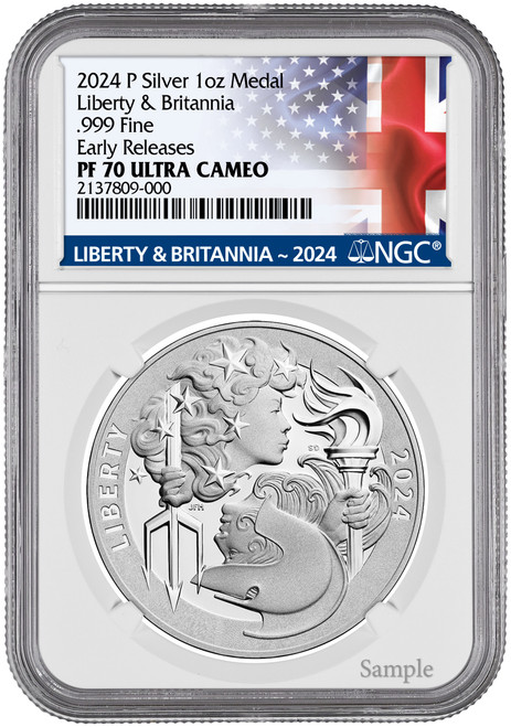 2024-P Silver 1 oz Medal Britannia & Liberty .999 Coin FR Flag NGC PF70 Ultra Cameo