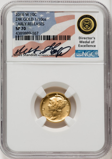 2016-W 10C Mercury Dime Gold 100th Anniversary First Strike Miles Standish NGC MS70