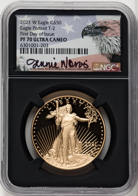 2021-W G$50 One Ounce Gold Eagle Type Two FDI NGC PF70 Jennie Norris Signed