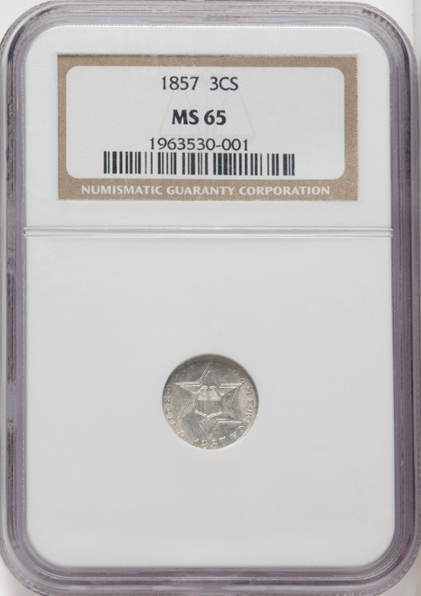 1857 3CS Brown Label Three Cent Silver NGC MS65