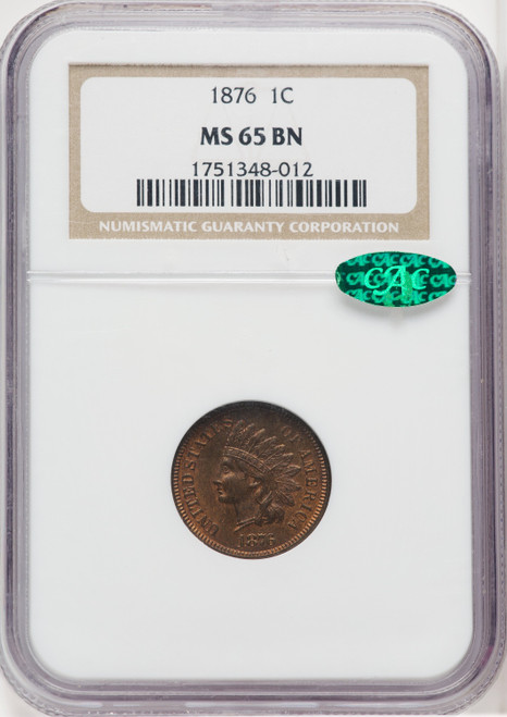 1876 1C BN CAC Indian Cent NGC MS65