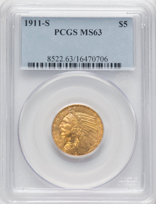 1911-S $5 Indian Half Eagle PCGS MS63