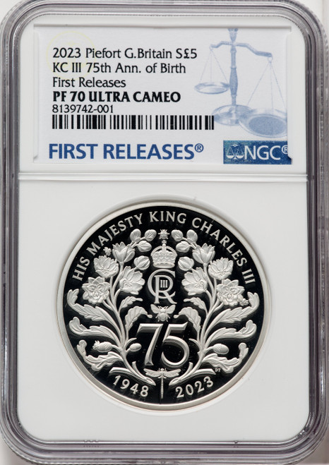 Charles III silver Proof Piefort  King Charles III 75th Anniversary of Birth  5 Pounds 2023 PR70 Ultra Cameo NGC World Coins NGC MS70