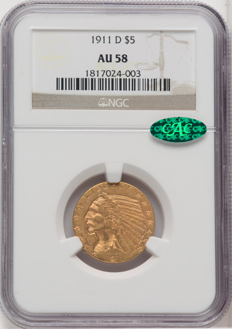 1911-D $5 CAC Indian Half Eagle NGC AU58