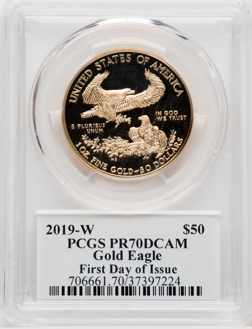 2019-W $50 One-Ounce Gold Eagle First Day of Issue Moy Signature FDI Ed Moy PCGS PR70