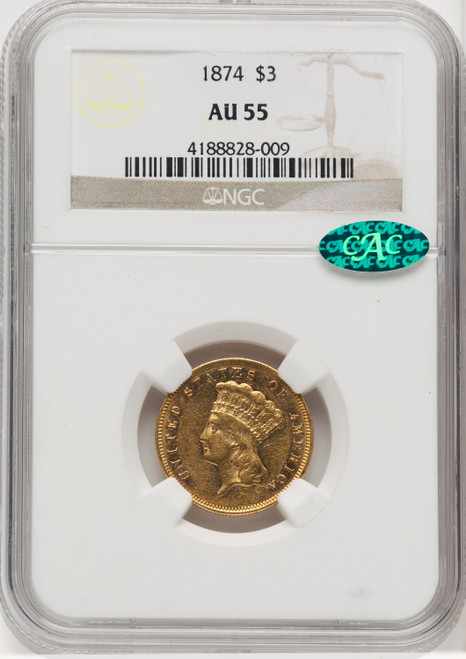 1874 $3 CAC Three Dollar Gold Pieces NGC AU55