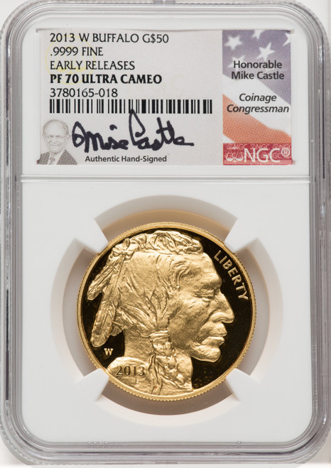 2013-W One-Ounce Gold Buffalo First Strike ER Mike Castle NGC PF70