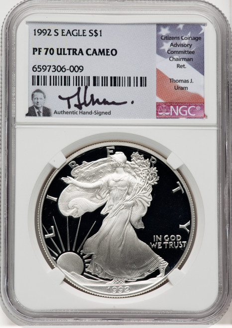 1992-S S$1 Silver Eagle Thomas Uram NGC PF70