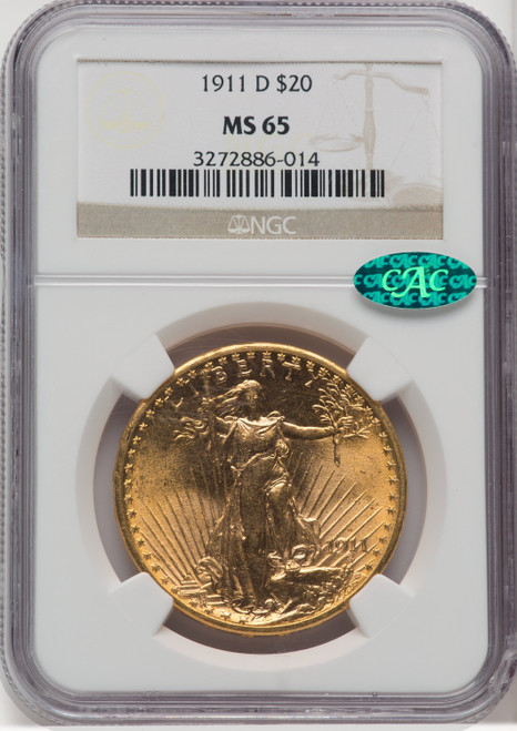 1911-D $20 CAC Saint-Gaudens Double Eagle NGC MS65