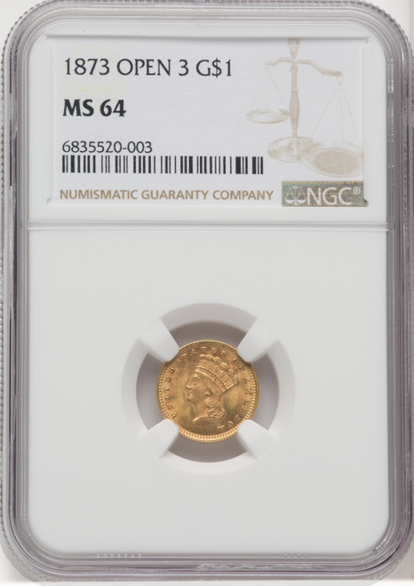 1873 G$1 OPEN 3 Gold Dollar NGC MS64
