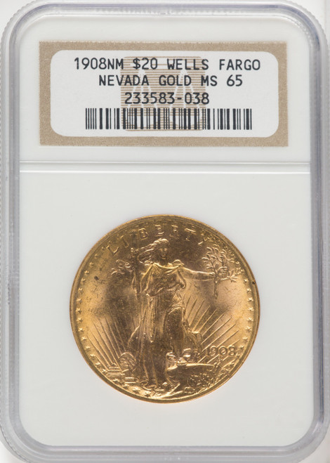 1908 NM $20 Wells Fargo Saint-Gaudens Double Eagle NGC MS65